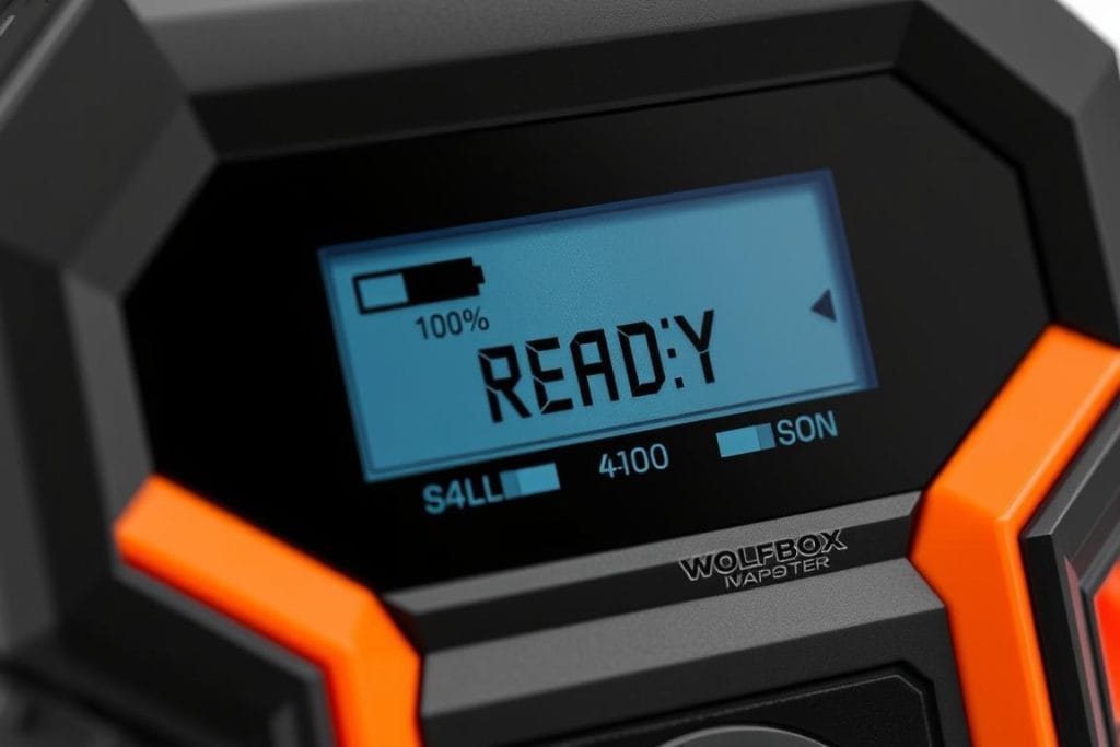 WOLFBOX 4000A Jump Starter LCD display showing ready status WOLFBOX 4000A Jump Starter LCD display showing ready status