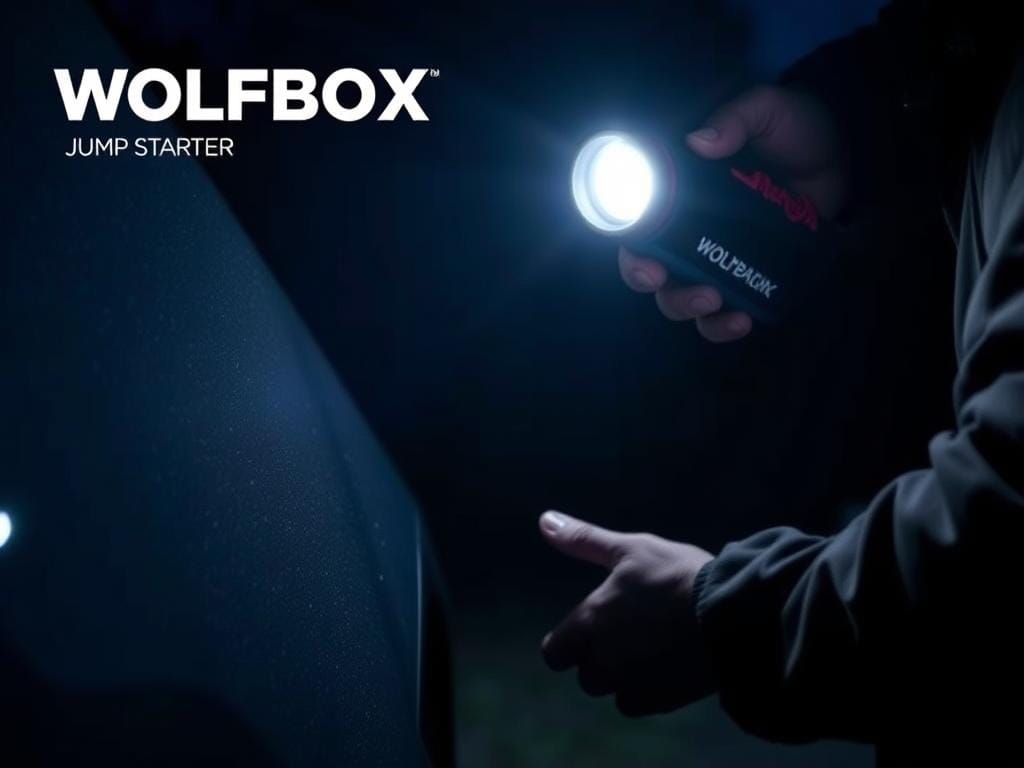 WOLFBOX 4000A Jump Starter being used at night with flashlight function WOLFBOX 4000A Jump Starter being used at night with flashlight function