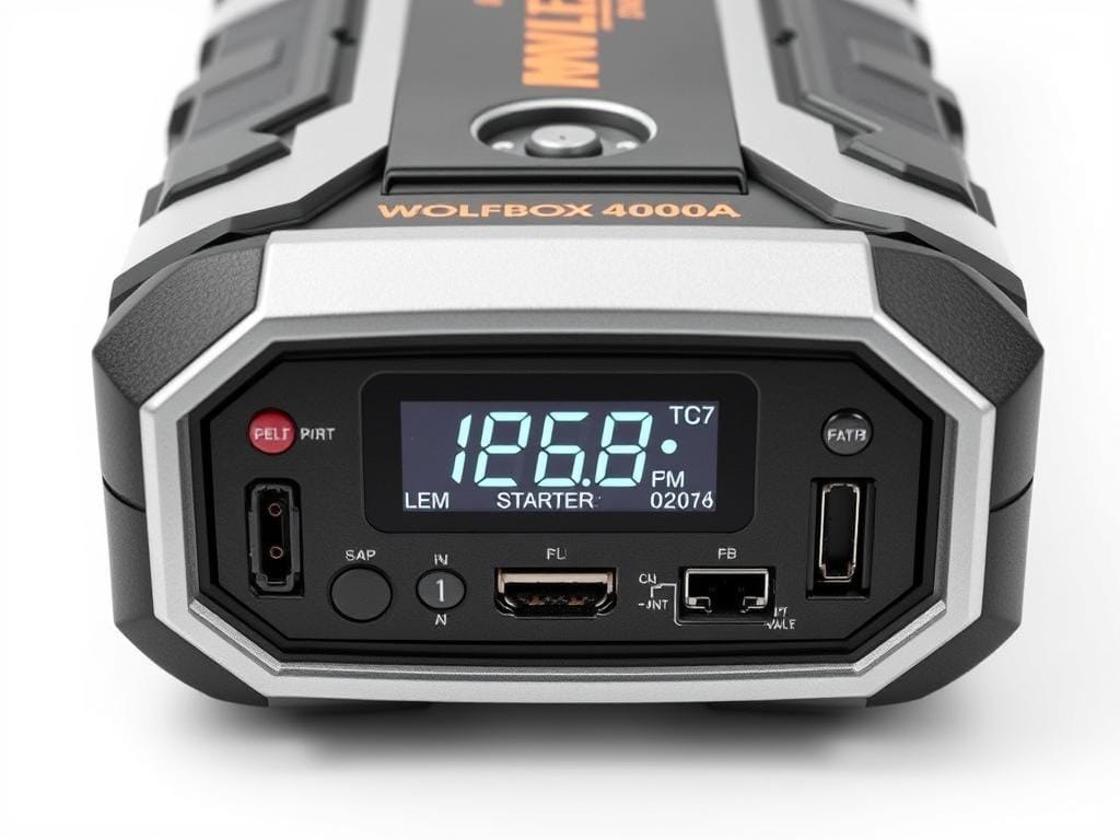 WOLFBOX 4000A Jump Starter front view showing LCD display