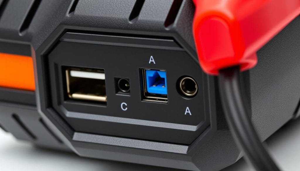 WOLFBOX 4000A Jump Starter ports and connections close-up WOLFBOX 4000A Jump Starter ports and connections close-up