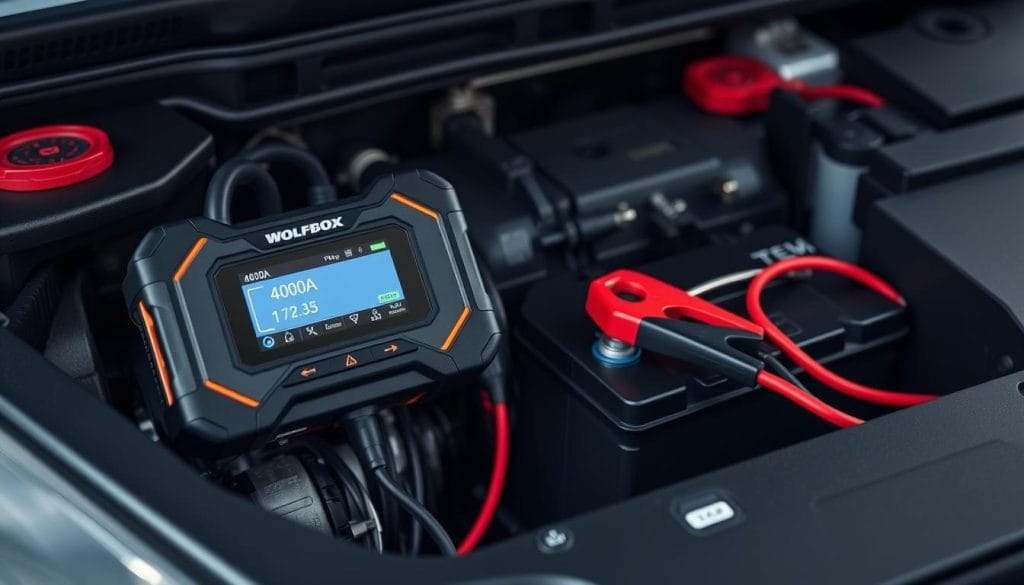 WOLFBOX 4000A Jump Starter with jumper cables attached to car battery WOLFBOX 4000A Jump Starter with jumper cables attached to car battery