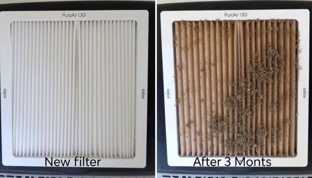 Before and after comparison showing the PuroAir 130i filter after 3 months of use