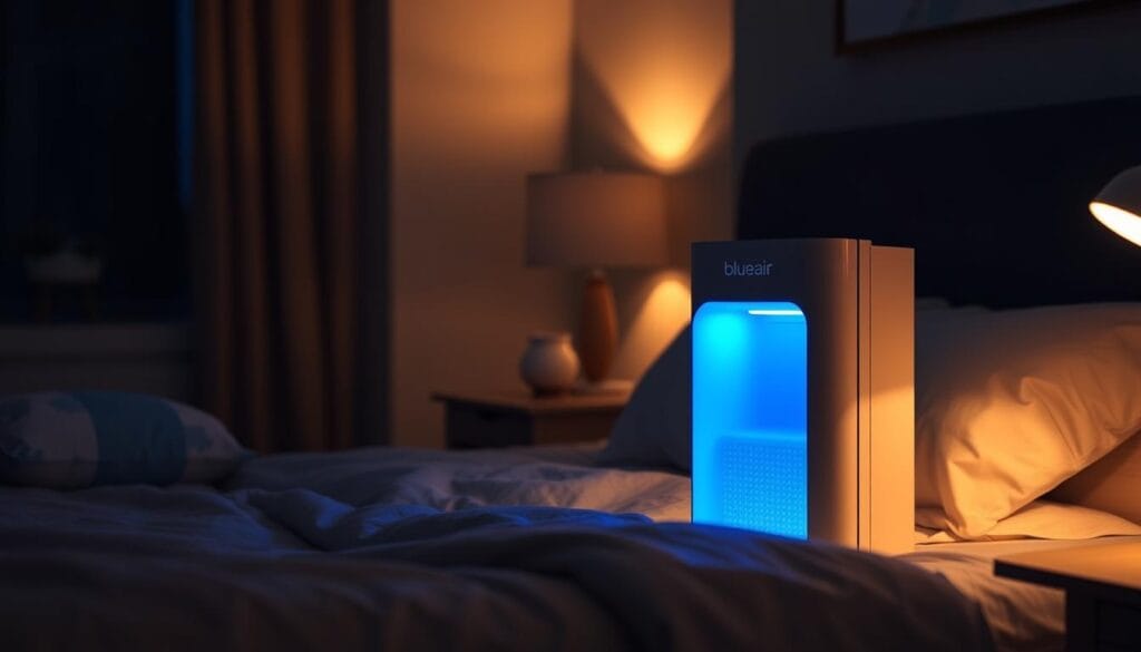 Blueair Blue Signature Air Purifier in a bedroom setting showing its nighttime operation with subtle blue light