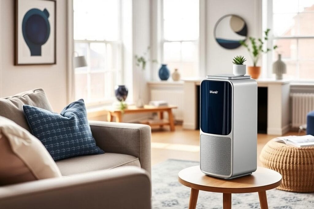 Blueair Blue Signature Air Purifier in a living room setting showing its integration with home decor
