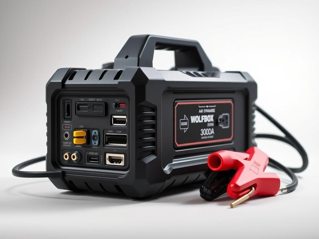 Close-up of WOLFBOX 3000A Jump Starter showing build quality and design details