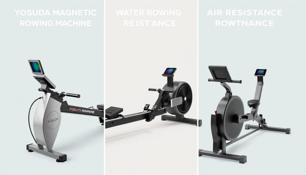Comparison of YOSUDA Magnetic Rowing Machine with alternatives showing different resistance types