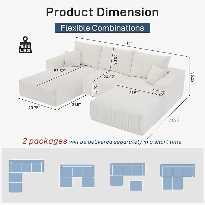 Dimensional diagram of the Sectional Cloud Boneless Sofa Couches showing measurements