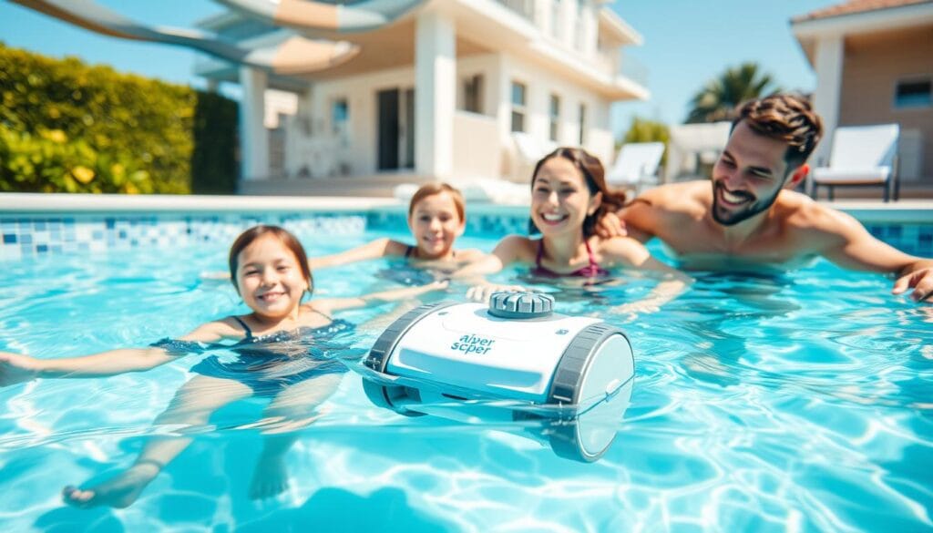 Family enjoying clean pool while Aiper Scuba S1 works underwater