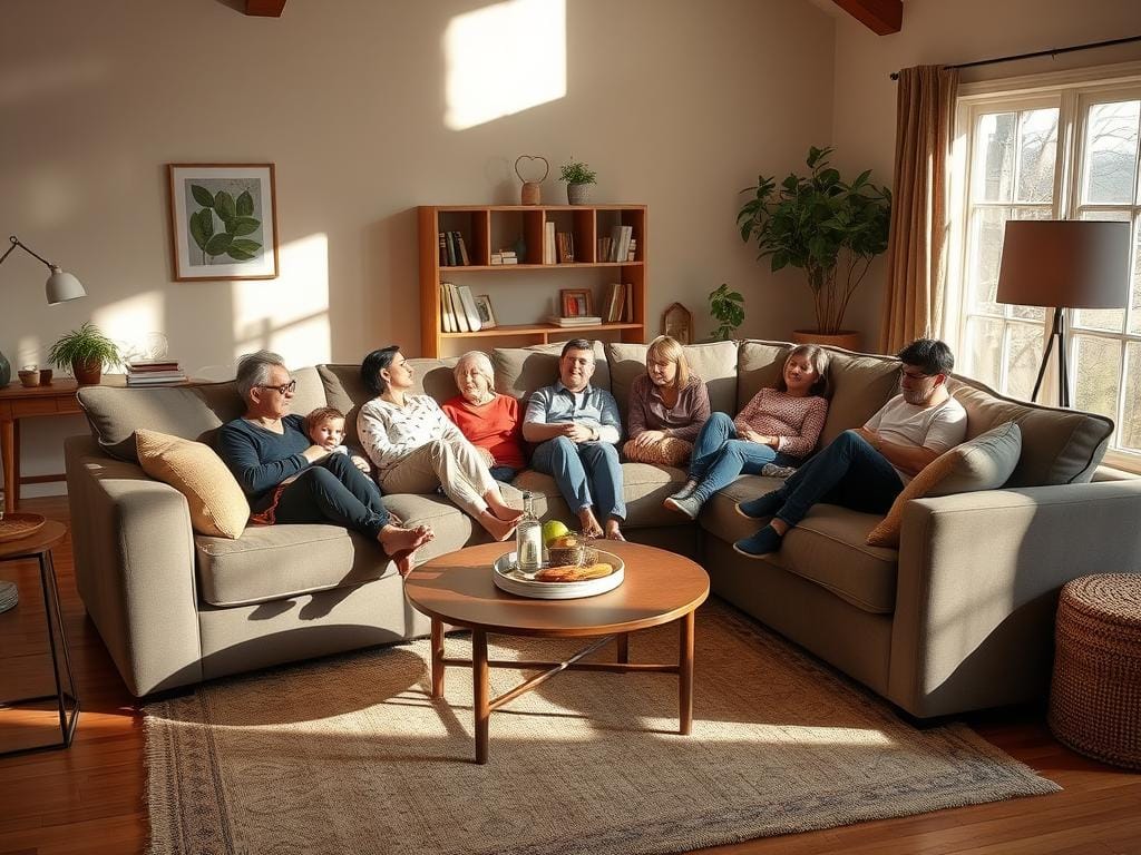 Family enjoying the Sectional Cloud Boneless Sofa Couches in a living room setting