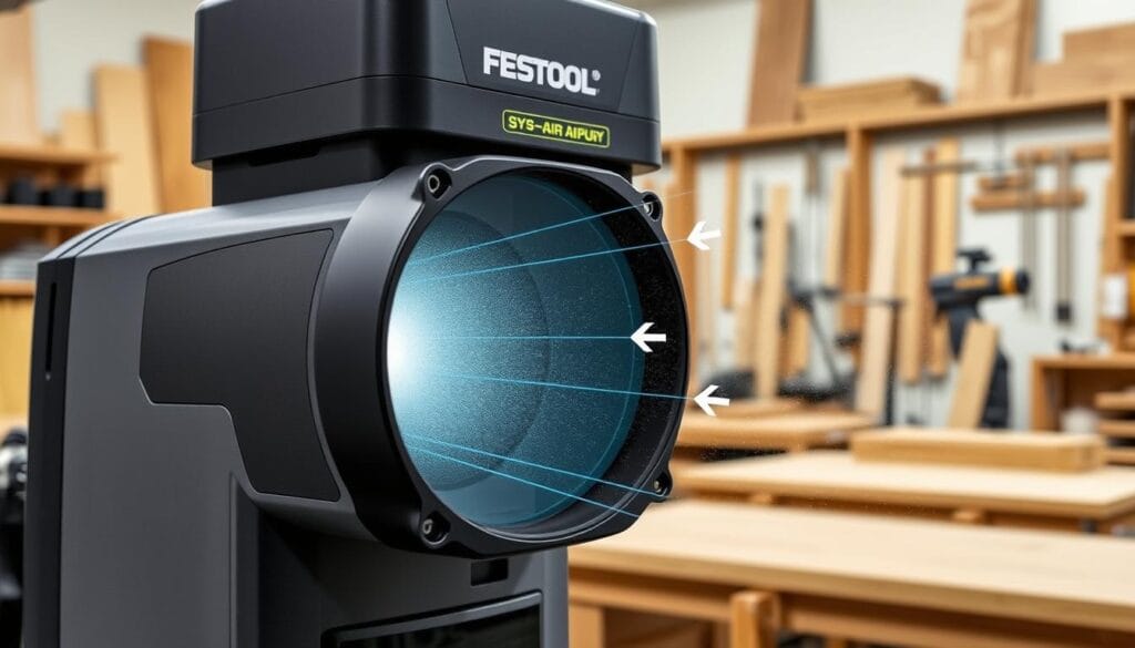 Festool SYS-AIR Commercial Air Purifier in action in a woodworking shop
