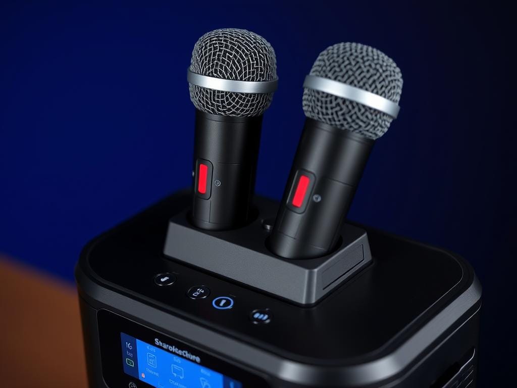 Ikarao Smart Karaoke Machine wireless microphones in charging dock