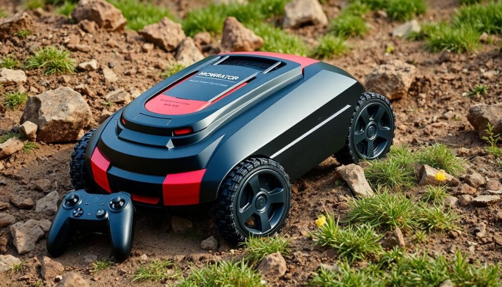 Mowrator S1 AWD remote-controlled robot mower tackling rough terrain - best robot lawn mowers 2025