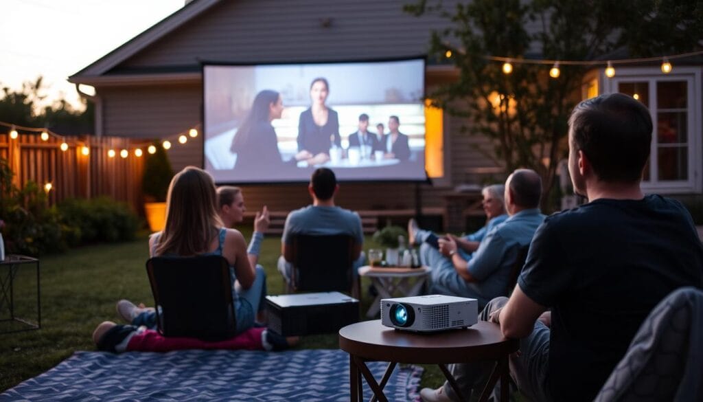 ONOAYO ONO3 Pro Smart Projector being used for an outdoor movie night