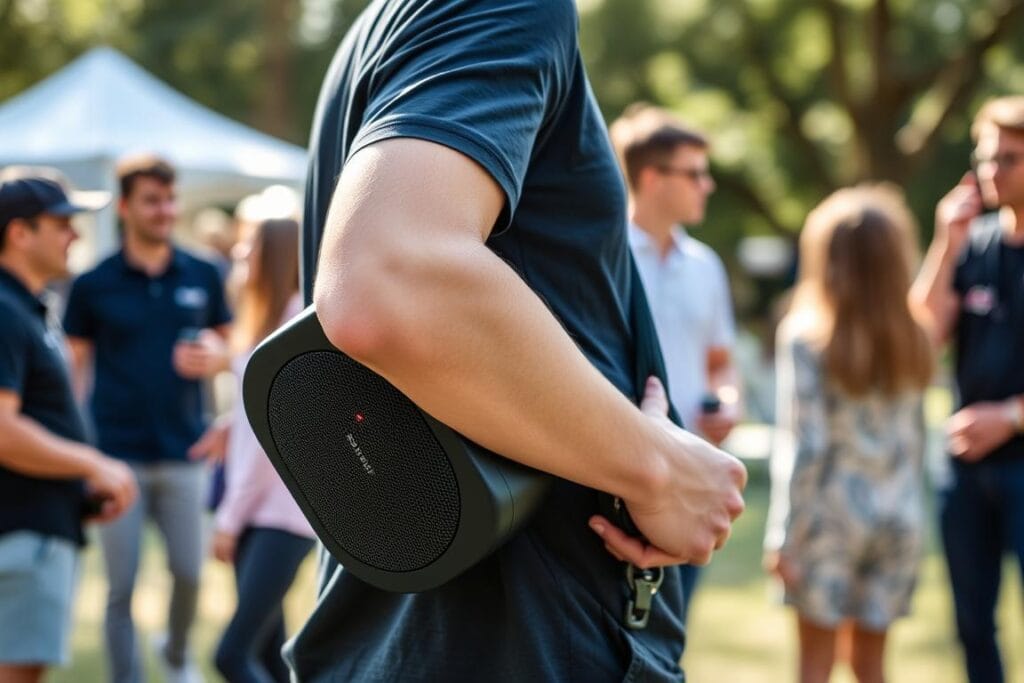 Person carrying the Ikarao Smart Karaoke Machine with shoulder strap outdoors