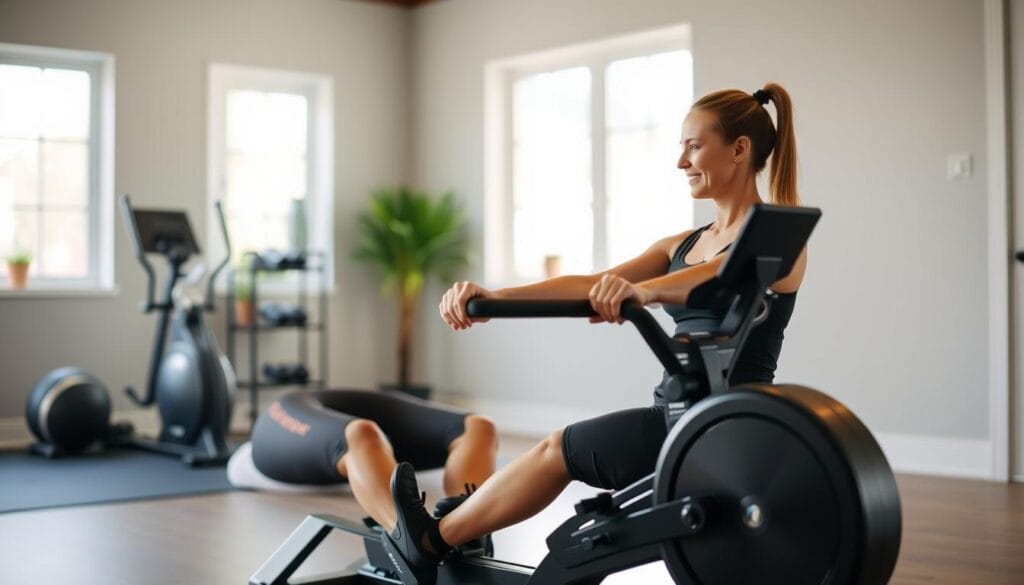 Person using the Teeter Power10 Rower showing proper form and motion