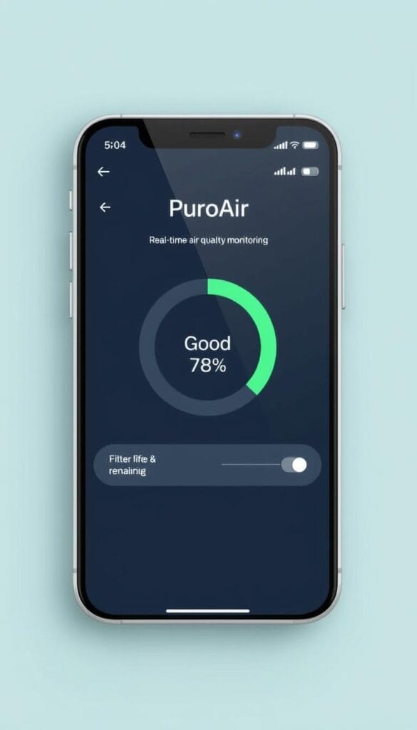 PuroAir smartphone app interface showing air quality monitoring