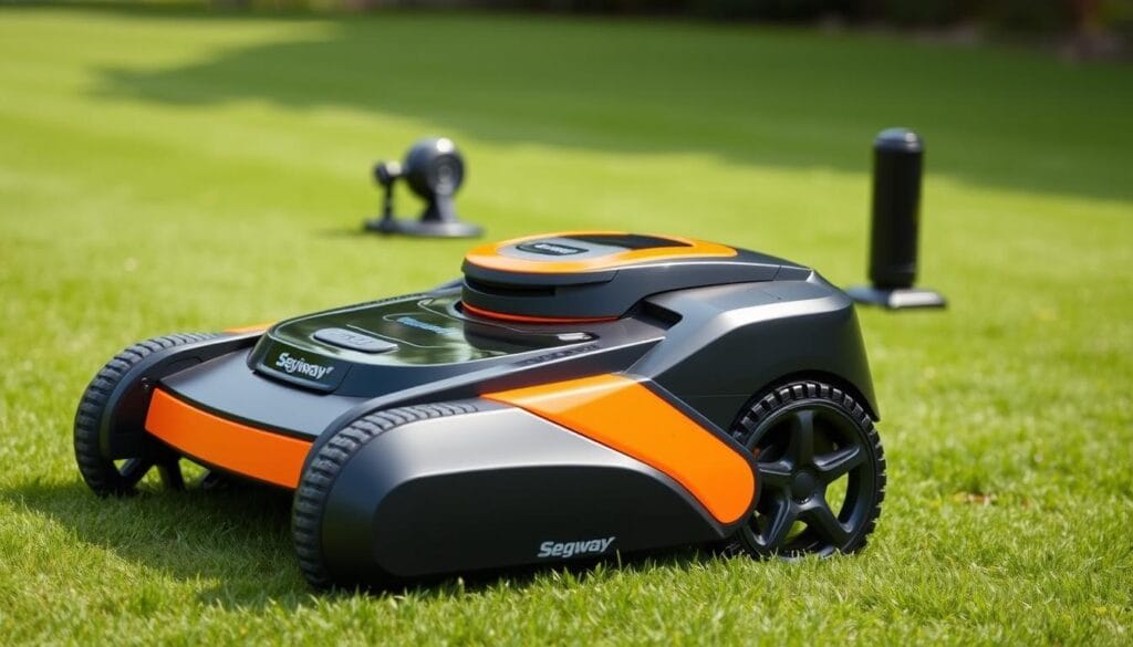 Segway Navimow X390 robot lawn mower with RTK beacon on a freshly cut lawn - best robot lawn mowers 2025