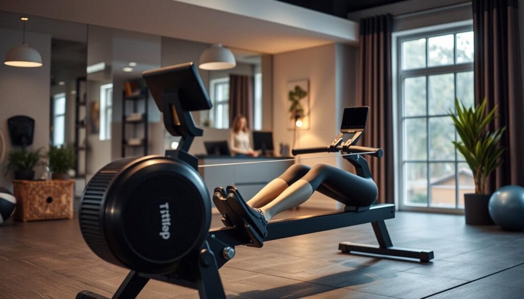 Teeter Power10 Rower in home gym setting showing full design