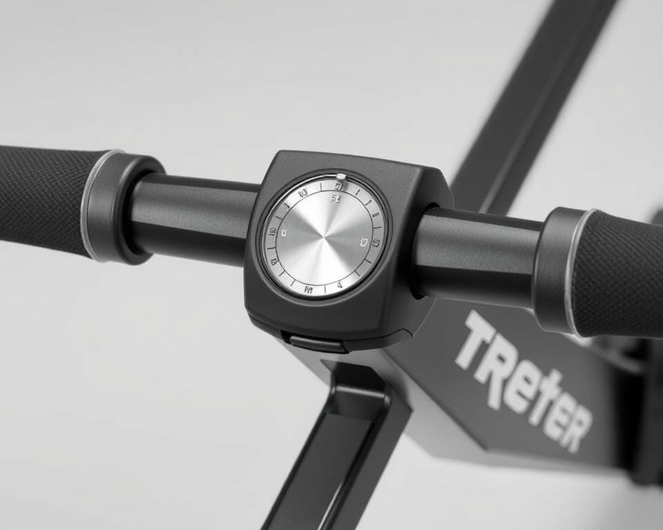 Teeter Power10 Rower resistance dial and multi-grip handles close-up