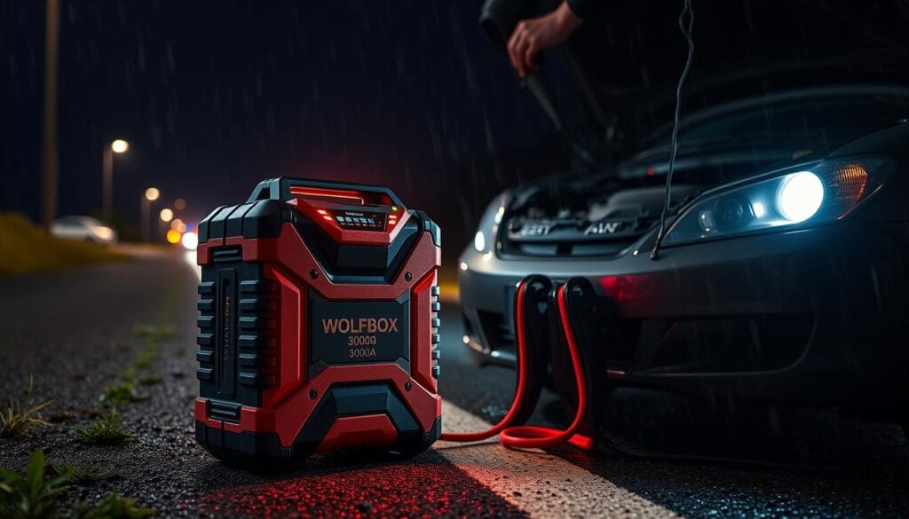 WOLFBOX 3000A Jump Starter being used in an emergency roadside situation