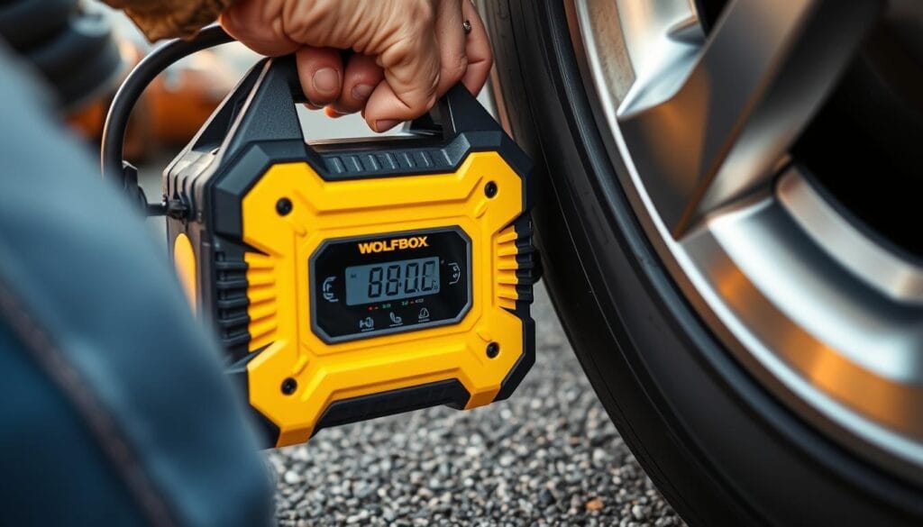 WOLFBOX 3000A Jump Starter with Air Compressor showing the air compressor function in use