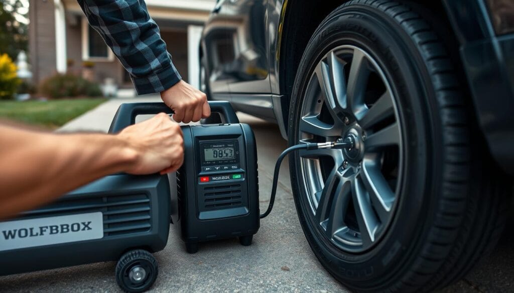 WOLFBOX 3000A air compressor being used for routine tire pressure maintenance