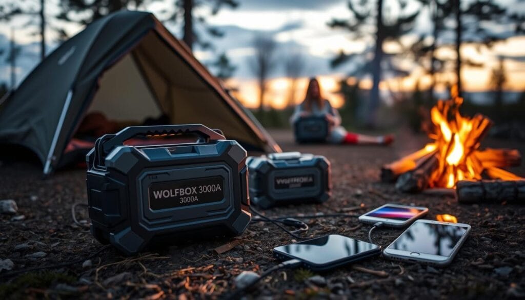 WOLFBOX 3000A being used during outdoor camping to power devices