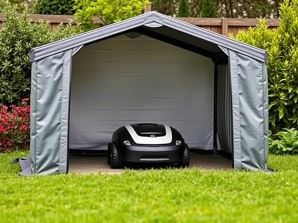 Weather-resistant garage shelter for robot lawn mowers - best robot lawn mowers 2025 accessories