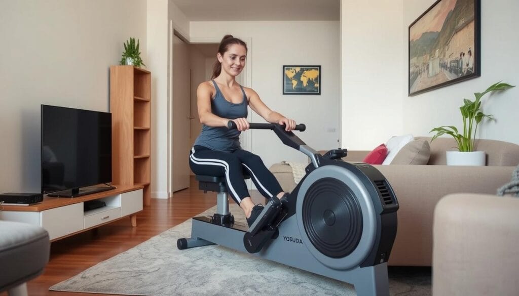 YOSUDA Magnetic Rowing Machine in a small apartment setting showing space efficiency
