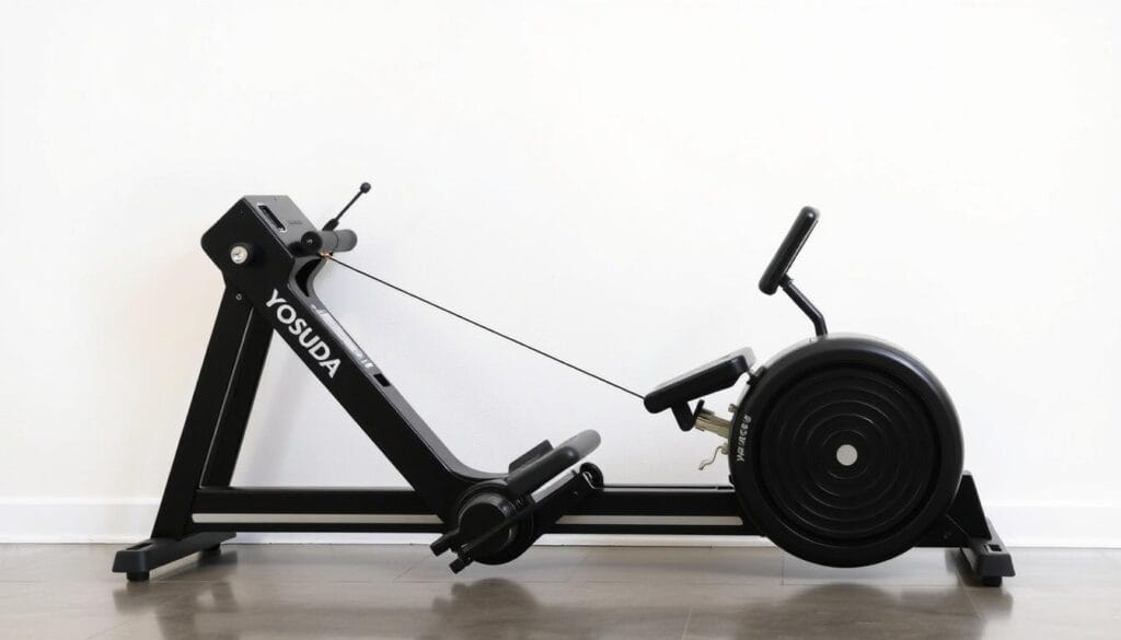 YOSUDA Magnetic Rowing Machine in upright storage position showing space-saving feature