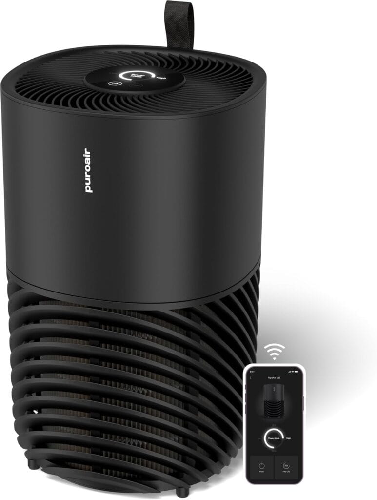PuroAir 130i HEPA Air Purifier showing the compact design with control panel on top