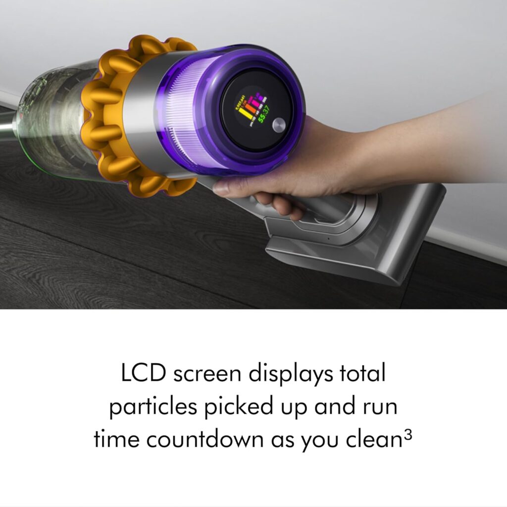 Dyson V15s LCD screen showing particle count and battery life