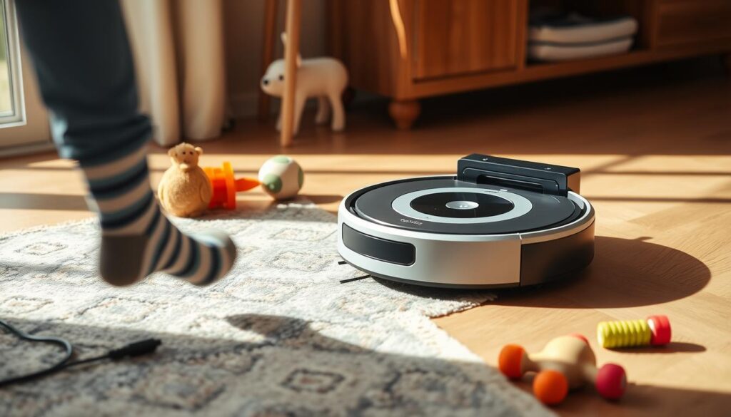 Roomba j7+ robot vacuum avoiding obstacles in a home, showing top Roomba robot vacuum in 2025 for navigation