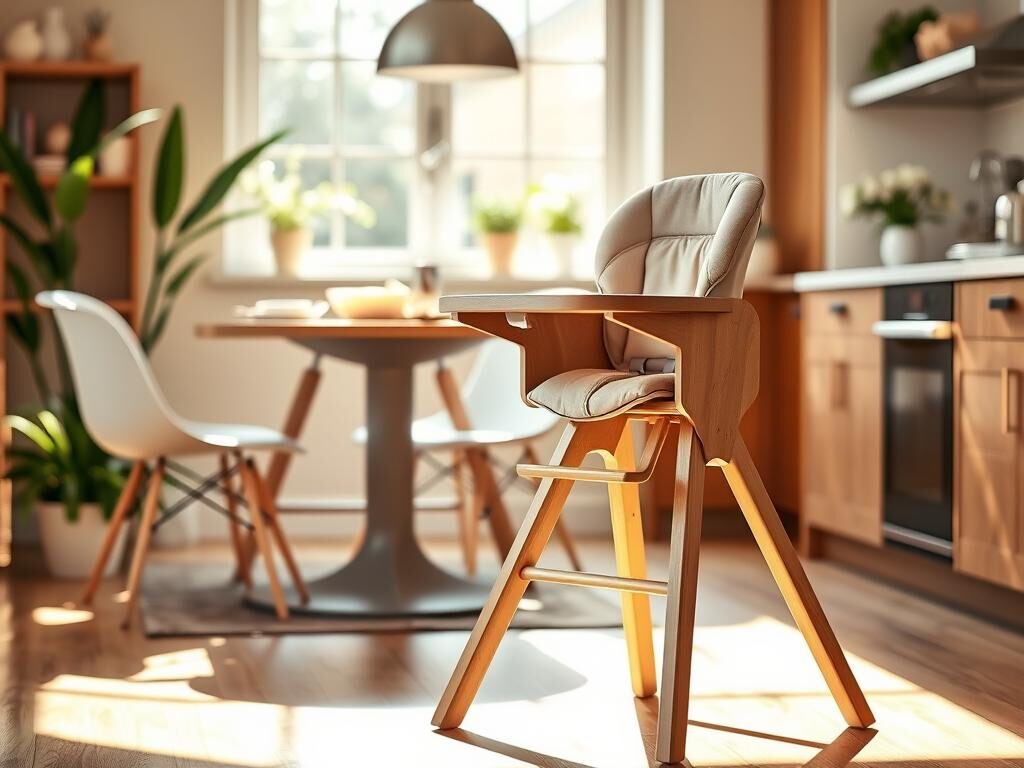 A beautifully designed high chair for modern parenting, featuring a sleek wooden frame and soft, comfortable cushions in a muted pastel color. The high chair is set in a cozy, well-lit dining area, with warm sunlight streaming through a nearby window, casting soft shadows on the floor. In the foreground, the high chair is prominently displayed, showcasing its adjustable features and safety harness. In the middle ground, a stylish dining table with baby-friendly utensils hints at an inviting family atmosphere. The background features tasteful kitchen decor, with greenery subtly enhancing the scene. The mood is warm and welcoming, emphasizing safety, style, and functionality for young children in a contemporary home setting. The image captures the essence of the best high chairs for 2026 without any distractions.