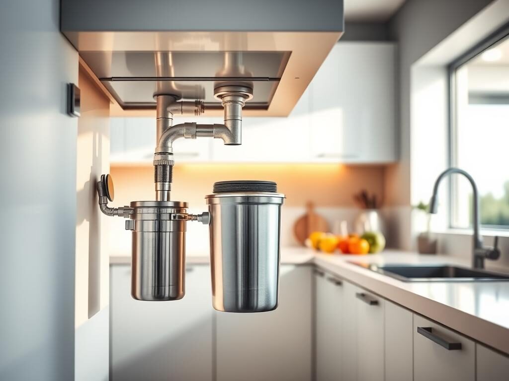 A bright, modern kitchen scene featuring a stainless steel garbage disposal unit installed under a stylish sink. In the foreground, an open cabinet reveals the disposal's sleek design and plumbing details, illuminated by warm, natural lighting. The middle ground showcases a clean countertop with fresh fruits and vegetables, emphasizing a focus on kitchen hygiene and efficiency. The background displays contemporary kitchen aesthetics, including minimalist cabinetry and natural light streaming in through a window. The mood is inviting and practical, ideal for homeowners considering upgrades. The image should depict an atmosphere of choice and sophistication, reflecting both functionality and style, with no text or distractions.