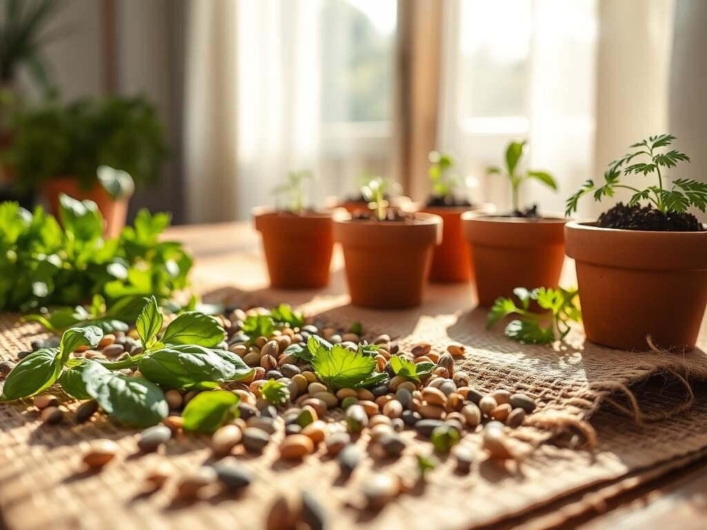 A close-up composition of assorted herb seeds, including basil, parsley, and cilantro, placed elegantly on a rustic wooden table. In the foreground, the seeds are scattered on organic burlap, showcasing their unique shapes and colors with a soft natural light illuminating them, creating delicate shadows. In the middle ground, small clay pots filled with rich soil emphasize the connection between seeds and growth, hinting at the herbs that will flourish. The background features a sunlit window with soft curtains, allowing gentle morning light to filter through, contributing a warm and inviting atmosphere. Capture this scene from a slightly elevated angle to emphasize the textures of the seeds and surrounding elements, evoking a sense of hope and nurturing in gardening. A close-up composition of assorted herb seeds, including basil, parsley, and cilantro, placed elegantly on a rustic wooden table. In the foreground, the seeds are scattered on organic burlap, showcasing their unique shapes and colors with a soft natural light illuminating them, creating delicate shadows. In the middle ground, small clay pots filled with rich soil emphasize the connection between seeds and growth, hinting at the herbs that will flourish. The background features a sunlit window with soft curtains, allowing gentle morning light to filter through, contributing a warm and inviting atmosphere. Capture this scene from a slightly elevated angle to emphasize the textures of the seeds and surrounding elements, evoking a sense of hope and nurturing in gardening.