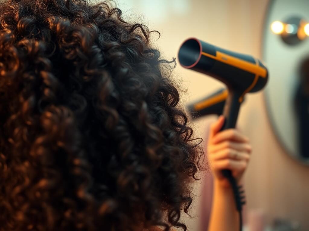 A close-up image of a person with thick, voluminous curly hair, showcasing the rich texture and bounce of the curls. The foreground highlights the intricate details of the hair, emphasizing the shine and layers. In the middle ground, a sleek hair dryer is positioned nearby, emphasizing its high airflow design, with air blowing through the curls, hinting at its effectiveness for drying thick hair. The background features a softly blurred bathroom setting with warm lighting, creating a cozy and inviting atmosphere. The lens captures the scene with a slightly angled view, enhancing the depth and dimension of the hair and product. The mood conveys a sense of empowerment and confidence, perfect for showcasing the benefits of the featured hair dryer.
