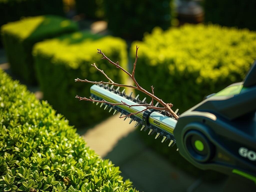 A close-up of the EGO Power+ HT2601 hedge trimmer set against a lush green garden backdrop. In the foreground, the hedge trimmer is showcasing its high cutting capacity, with thick branches being effortlessly sliced through by its sharp, dual-action blades. The sun is shining brightly, casting gentle shadows, highlighting the metallic finish of the trimmer and the vibrant greenery around it. A blurred background features well-groomed hedges, enhancing the sense of a well-maintained outdoor space, captured in vivid detail with a shallow depth of field. The overall mood is one of efficiency and power, emphasizing the tool’s capability in a serene and natural environment.