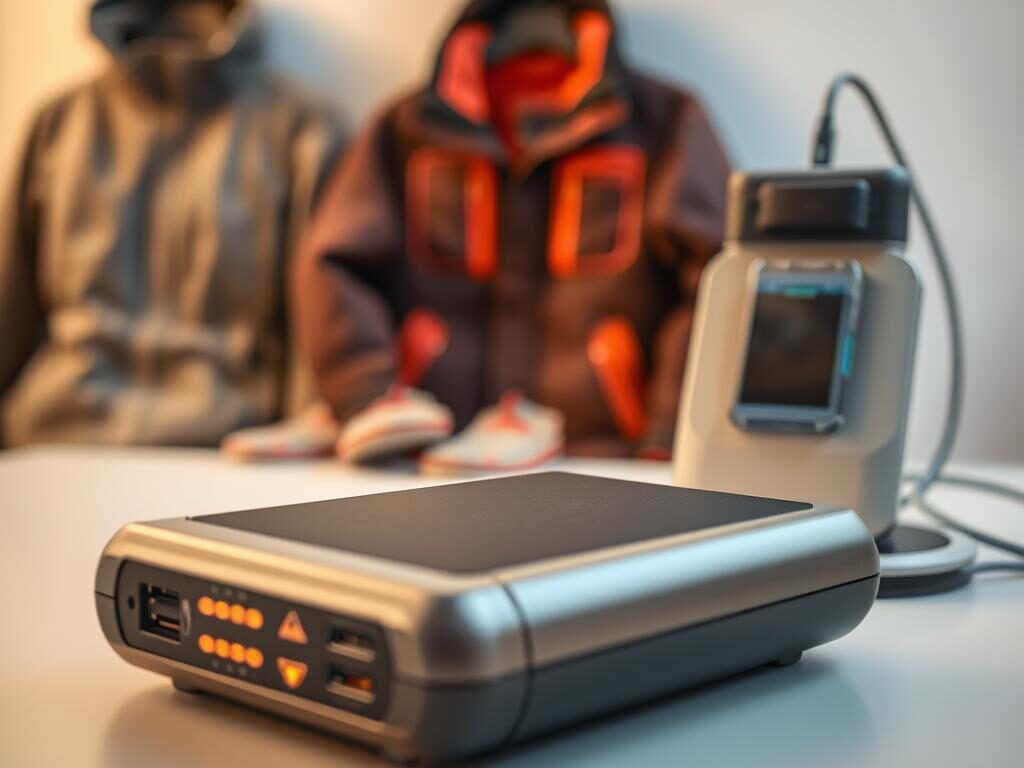 A close-up view of a modern heated clothing battery, prominently displayed in the foreground, showcasing intricate details like charging ports and LED indicators. The middle ground features a variety of heated garments, such as jackets and gloves, arranged neatly to suggest their compatibility with the battery. Soft, diffused lighting enhances the textures of the materials, creating a warm atmosphere. In the background, a charging station with a plugged-in battery is subtly visible, suggesting the charging process. Use a shallow depth of field for a slightly blurred background that emphasizes the battery and heated clothing in focus. The mood should be informative and tech-savvy, inviting viewers to consider the advancements in battery life and charging technology for heated apparel in 2026.