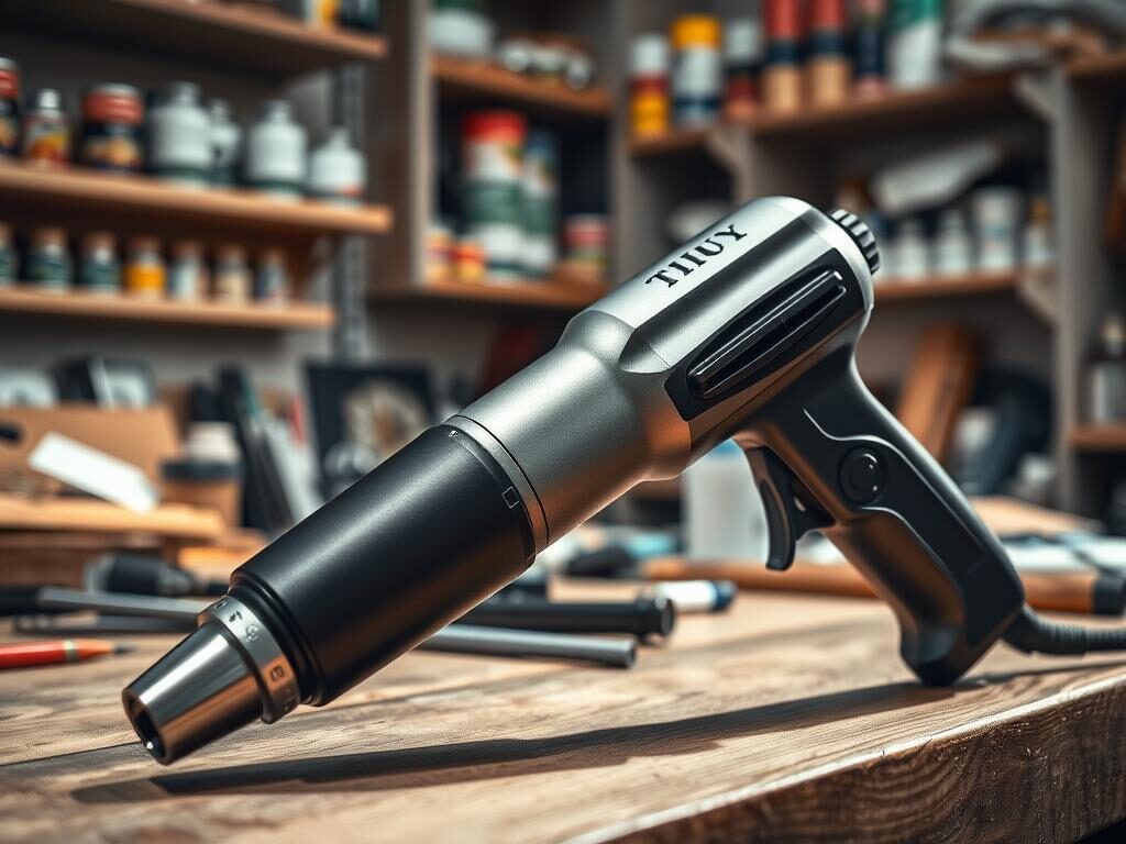 A close-up view of a professional-grade heat gun, showcasing its sleek design and ergonomic grip. The gun is resting on a wooden workbench with various DIY tools and materials scattered around, indicating a workshop environment. Soft, diffused natural lighting highlights the metallic finish and intricate details of the heat gun, casting gentle shadows for depth. In the background, slightly blurred, shelves filled with paint cans and crafting materials create a productive atmosphere. The focus is sharp, emphasizing the heat gun in the foreground while maintaining a subtle context of a creative workspace. The overall mood is industrious and inviting, perfect for DIY enthusiasts and professionals alike. A close-up view of a professional-grade heat gun, showcasing its sleek design and ergonomic grip. The gun is resting on a wooden workbench with various DIY tools and materials scattered around, indicating a workshop environment. Soft, diffused natural lighting highlights the metallic finish and intricate details of the heat gun, casting gentle shadows for depth. In the background, slightly blurred, shelves filled with paint cans and crafting materials create a productive atmosphere. The focus is sharp, emphasizing the heat gun in the foreground while maintaining a subtle context of a creative workspace. The overall mood is industrious and inviting, perfect for DIY enthusiasts and professionals alike.