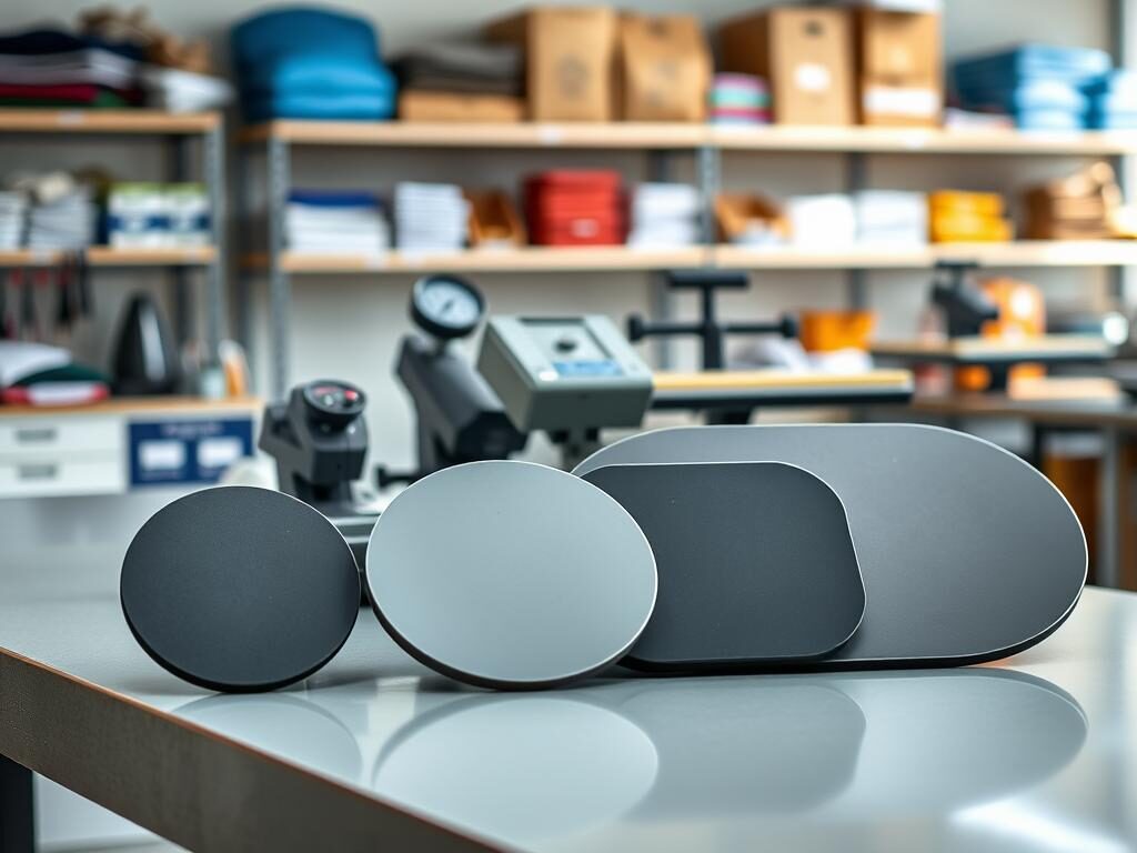 A collection of various heat press platens displayed on a sleek, modern workbench in a well-lit workshop. In the foreground, showcase three distinct platen sizes: a small circular platen, a medium rectangular platen, and a large oval platen, each with clear dimensional markings. In the middle ground, include tools commonly used for heat pressing, such as a temperature gauge and vinyl sheets, hinting at practical applications. The background features blurred shelves stocked with heat press machines and transfer materials, creating a professional atmosphere. The lighting is bright and even, mimicking natural light to enhance details and colors. The depth of field focuses on the platens, drawing attention to their size differences and potential uses for shirts, bags, and designs.