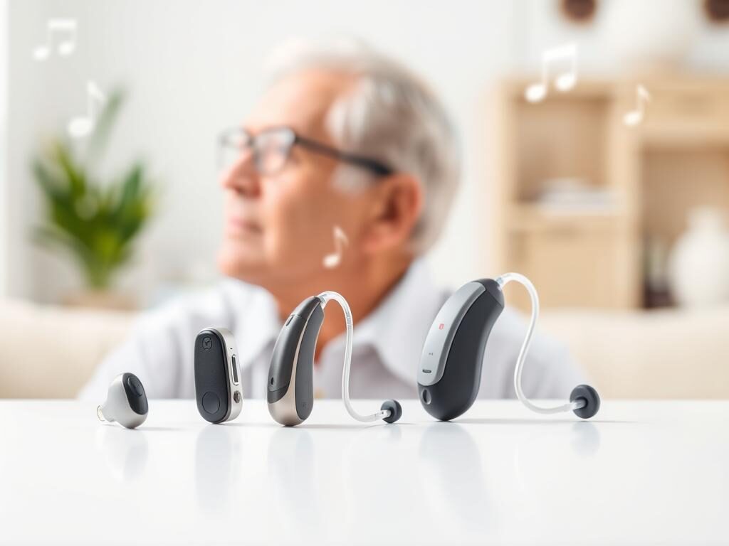 A detailed composition showcasing three different hearing aids displayed on a clean white surface. In the foreground, focus on the hearing aids—one small, sleek model, one larger device with a modern design, and a traditional behind-the-ear aid, each highlighted with subtle reflections and shadows for realism. In the middle ground, a soft-focus image of a middle-aged person wearing a hearing aid, demonstrating curiosity and attentiveness while looking towards an invisible sound source. The background features softly blurred auditory symbols, such as sound waves and musical notes, creating an atmosphere of awareness and understanding. Use natural daylight to enhance the image with soft, inviting lighting that conveys a feeling of hope and connection to sound.