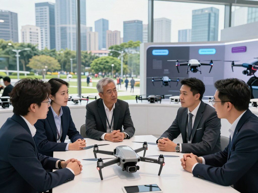 A dynamic scene depicting the trends in the drone market, focusing on consumer demand. In the foreground, a diverse group of professionals in smart business attire are engaged in discussion around a sleek, modern drone on a table. In the middle ground, a visual display showcases various drone models, highlighting their features with luminescent tags. The background features a bustling city skyline with parks and open spaces, reflecting potential use cases for drones. Bright, natural lighting spills in from large windows, creating a professional yet inviting atmosphere. The image captures a sense of innovation and excitement about the evolution of drone technology and its integration into daily life.