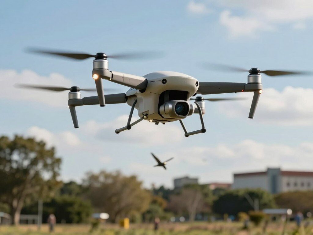 A futuristic drone hovering in mid-air, showcasing its advanced safety features and obstacle avoidance technology. In the foreground, the drone is detailed, with visible sensors and cameras designed for detecting obstacles. The middle ground features a variety of obstacles such as trees, buildings, and low-flying birds to illustrate the drone's navigation capabilities. The background shows a clear blue sky with soft clouds, emphasizing a serene setting. The lighting is bright and natural, with soft shadows cast by the drone. The camera angle is slightly elevated, capturing both the drone and its environment effectively. The overall mood conveys innovation and safety in drone technology, highlighting its cutting-edge design in a professional context.