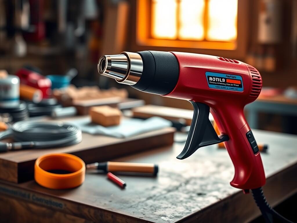 A high-quality, realistic image of a heat gun, prominently displayed in the foreground, showcasing its sleek, ergonomic design and various features such as temperature controls and nozzle attachments. The heat gun should be depicted in vibrant colors, with a focus on its intricate details and textures. In the middle ground, include a workbench scattered with common heat gun accessories like a roll of heat shrink tubing and a small, partially completed project to provide context. The background should be softly blurred to suggest a workshop environment, illuminated by warm, natural lighting that highlights the tool's professional appeal. The overall mood should convey a sense of craftsmanship and appliance reliability, suitable for an informative article on the top heat gun picks for 2026. A high-quality, realistic image of a heat gun, prominently displayed in the foreground, showcasing its sleek, ergonomic design and various features such as temperature controls and nozzle attachments. The heat gun should be depicted in vibrant colors, with a focus on its intricate details and textures. In the middle ground, include a workbench scattered with common heat gun accessories like a roll of heat shrink tubing and a small, partially completed project to provide context. The background should be softly blurred to suggest a workshop environment, illuminated by warm, natural lighting that highlights the tool's professional appeal. The overall mood should convey a sense of craftsmanship and appliance reliability, suitable for an informative article on the top heat gun picks for 2026.