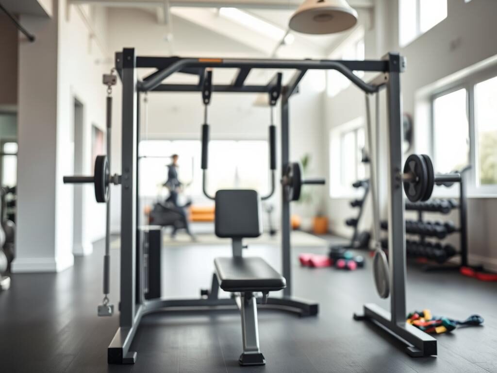A high-quality, realistic image of a smith machine prominently displayed in a modern home gym setting. In the foreground, the smith machine features a sleek metallic frame, with detailed weights and adjustable bench, emphasizing its functionality for strength training. In the middle ground, include workout accessories like dumbbells and resistance bands neatly arranged nearby, showcasing an organized workout space. The background reveals a bright, airy room, with natural light streaming in through large windows, highlighting the vibrant colors of the walls and gym flooring. The atmosphere feels energizing and inviting, perfect for fitness enthusiasts. Use a shallow depth of field for a professional touch, ensuring the smith machine remains the focal point of the image. No text or watermarks present.