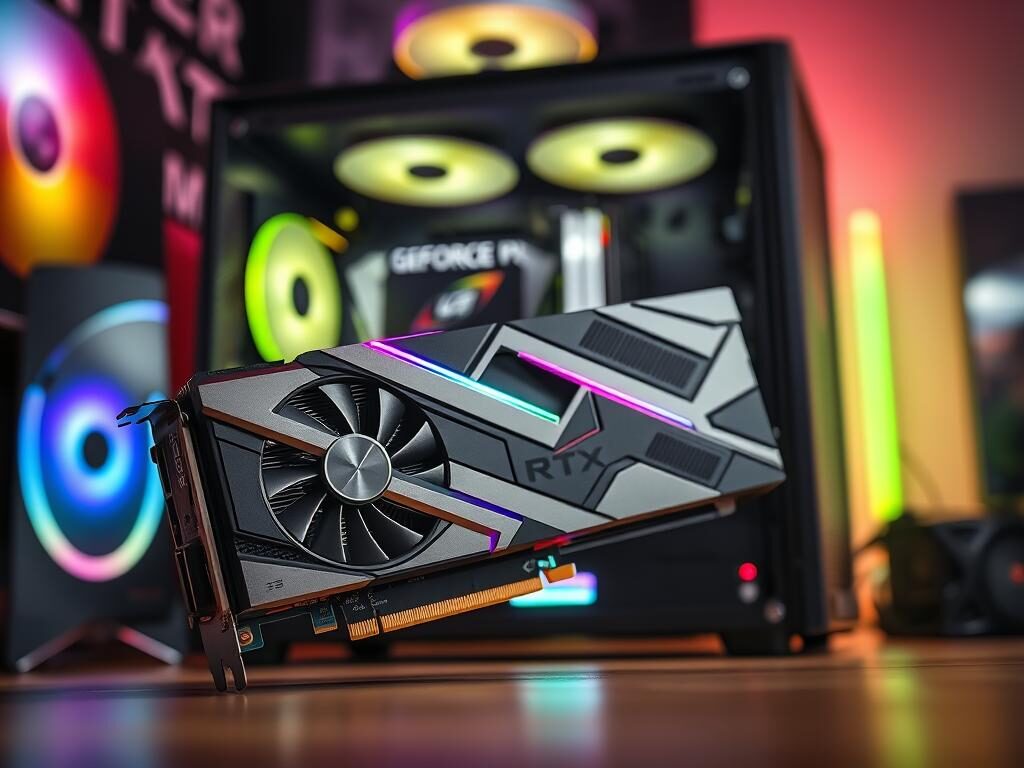 A highly detailed and realistic image of the GeForce RTX 5060 Ti 16GB graphics card, prominently displayed in the foreground with its sleek design, angular lines, and intricate cooling system. The GPU should be oriented at a slight angle to highlight its shiny metallic finish and LED lighting effects. In the middle ground, a modern gaming PC case can be seen, partially open to showcase the card installed, surrounded by high-performance components like RAM and an efficient power supply. The background features a softly lit gaming setup with a subtle hint of colorful ambient lighting that creates an energetic atmosphere. Use soft focus for depth, with a focal length that captures the GPU's details while blurring the background, evoking a sense of excitement and innovation in the gaming world.