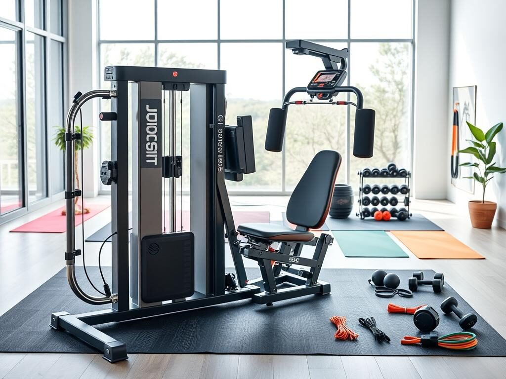 A modern all-in-one home gym setup, featuring an intricate multi-functional machine with various attachments for strength training, cardio, and flexibility exercises, prominently placed in the foreground. The machine showcases sleek, durable materials and an ergonomic design, with vibrant color accents. In the middle ground, include exercise mats, free weights, and resistance bands neatly organized, highlighting a full-body workout space. The background should show a bright, airy room with large windows allowing natural light to flood in, creating a welcoming atmosphere. The scene should have a clean and minimalistic look, shot from a slightly elevated angle to capture the gym's functionality and layout, evoking a sense of motivation and well-being.