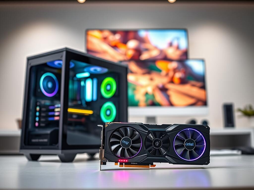 A realistic and detailed image of the Intel Arc B570 graphics card prominently displayed in a sleek, modern workspace setting. In the foreground, showcase the graphics card, capturing its unique design features, cooling fans, and vibrant LED accents. The middle ground should feature a high-end gaming PC case with a transparent panel, allowing a clear view of the internal components, including the Intel Arc B570 installed. In the background, softly blurred, place a monitor displaying a vibrant gaming scene to suggest high performance. Use soft, natural lighting that highlights the card's details, and a slight depth of field to focus attention on the graphics card. The overall mood is energetic and tech-savvy, appealing to budget-conscious gamers looking for powerful options.