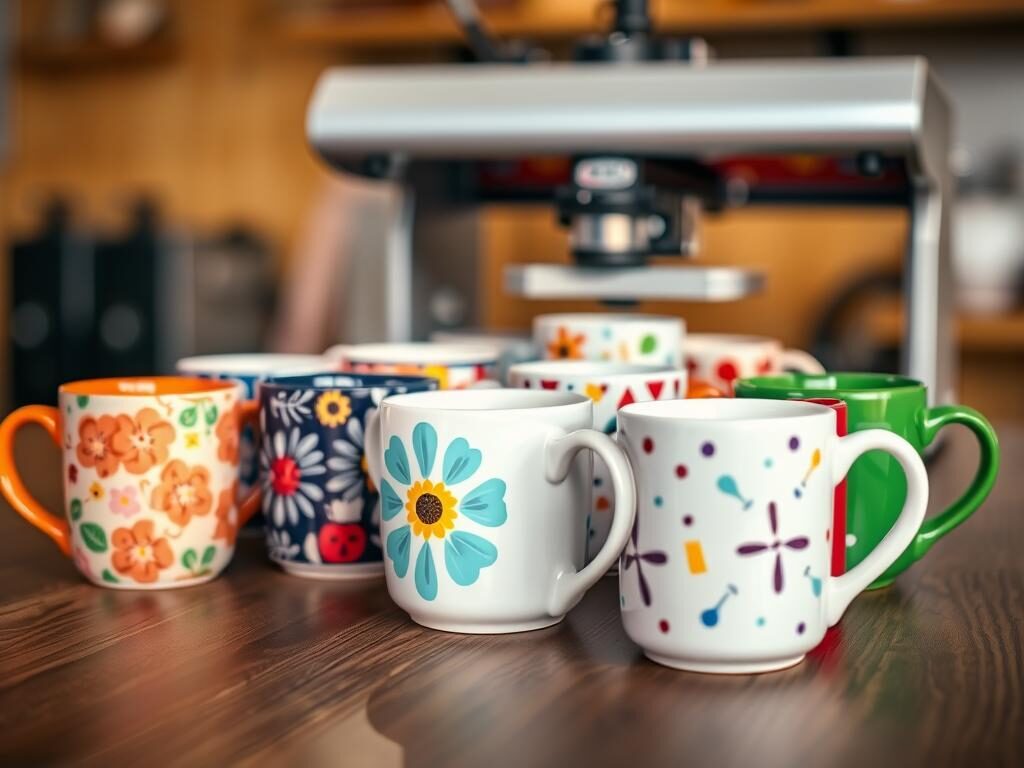 A realistic close-up image of an assortment of colorful ceramic mugs displayed on a sleek wooden table. The mugs should feature various unique designs, including floral patterns, geometric shapes, and solid colors, highlighting their potential for customization with heat press machines. In the background, a softly blurred heat press machine designed for mugs is visible, showcasing its functionality. The lighting is warm and inviting, emphasizing the glossy finish of the mugs while creating gentle shadows for depth. The camera angle is slightly above eye level, allowing a clear view of both the mugs and the heat press machine, evoking a professional atmosphere suitable for a workshop or studio setting. The mood is creative and inspiring, perfect for illustrating specialty press applications.